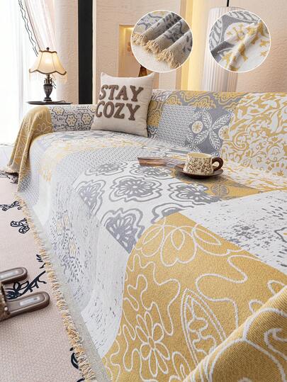 1 Stück Patchwork Blumen Quasten Sofaüberzug, Boho Vintage Sofa Decke, Ganzjährig universeller Möbelüberzug für Wohnzimmer