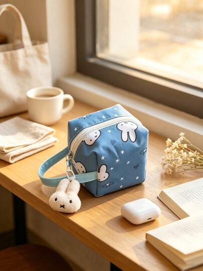 1 buah Tas Kosmetik Mini Persegi Lucu Miffy Rabbit, Tas Penyimpanan Kain Tahan Air Bermotif Bintang Biru dan Kelinci Putih dengan Pegangan Atas dan Liontin Kelinci, Dompet Kecil Portabel untuk Penyimpanan Lipstik dan Perhiasan, Untuk Penggunaan Sehari-hari Anak Perempuan.