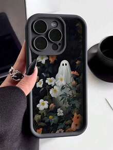 Brighten Up Your  With A Simple Anti-Shock Phone Case Featuring A Pattern Of Flowers And White Ghosts, Compatible With  11/12/13/14/15/15pro/15 Plus/15 Promax. - 黑色 - 查看 1