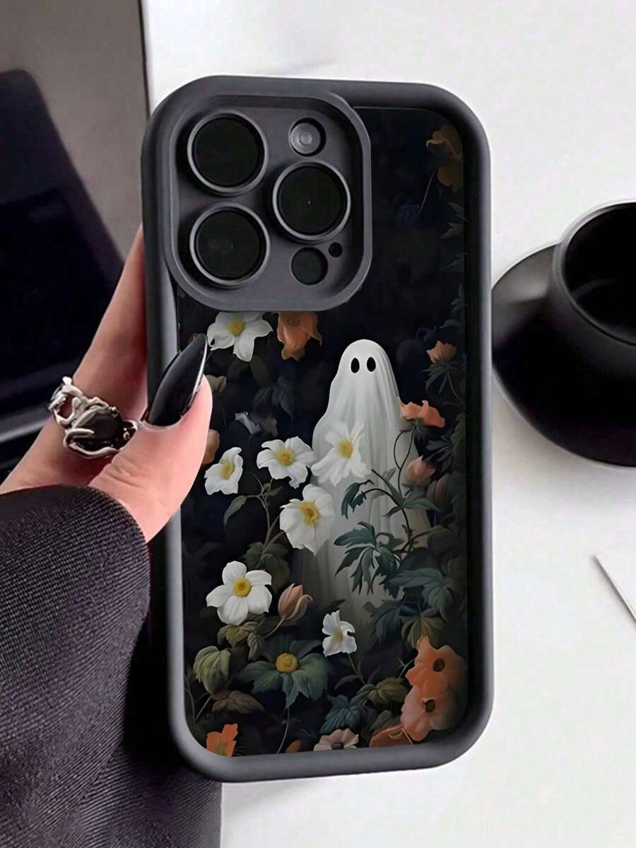 Brighten Up Your With A Simple Anti-Shock Phone Case Featuring A Pattern Of Flowers And White Ghosts, Compatible With 11/12/13/14/15/15pro/15 Plus/15 Promax. - 黑色 - 查看 1