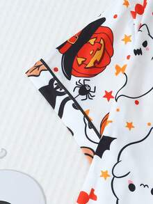 2pcs Halloween Ghost & Pumpkin Print Short Sleeve Collared Top And Bow Shorts Women's Pajama Set Loungewear - White - View 5
