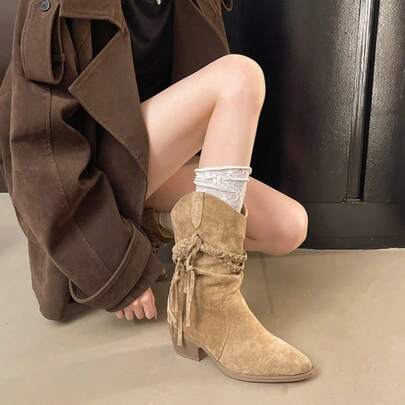 Fall Winter New Women Vintage Western Cowgirl Mid Calf Boots, Sand Faux Suede Chunky Heel Boots With Braided Tassel, Wide Ankle Stretch Design
