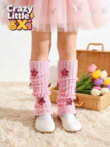 1 Pair Girls' Bright Pink Knitted All-Season Leg Warmers With Sequin Star Decor, Fashionable Spring/Autumn Leg Covers - Pink - View 8