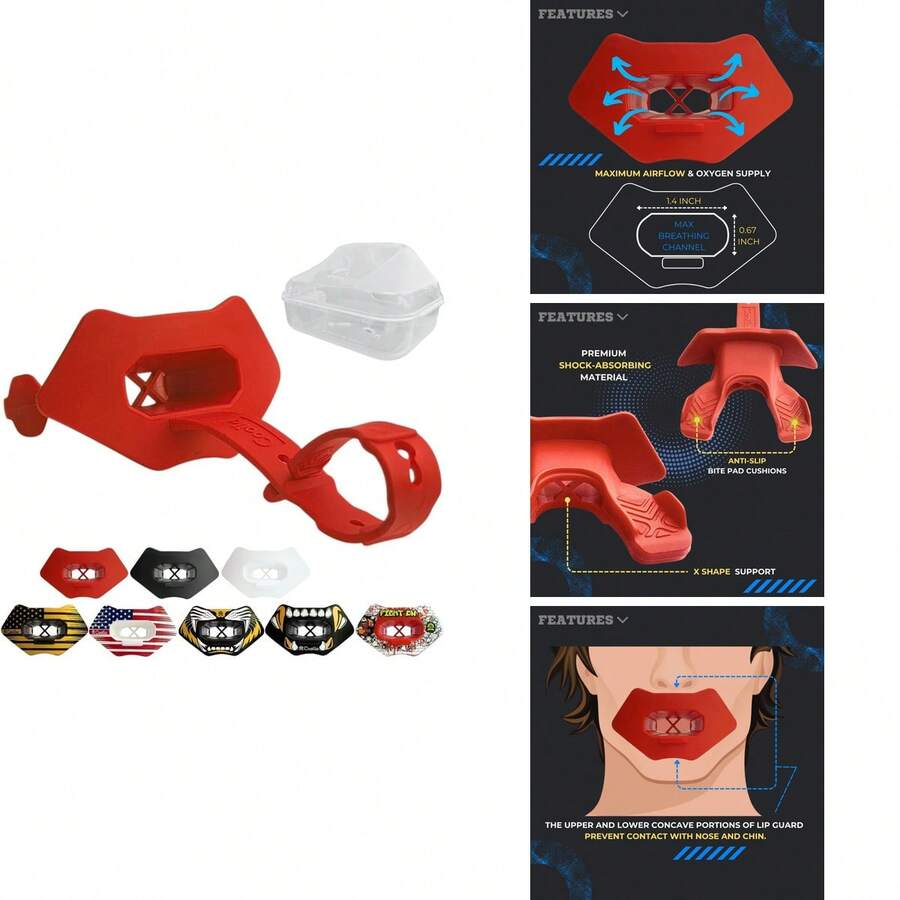 Ootball Mouth Guard Lip Guard With Permanent Helmet Strap Fits Adult & Youth, Ultra-Breathable Maximum Airflow, All Red Design With Protective Storage Case - All Red - View 1