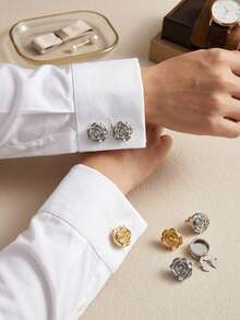 6/2/1pc Vintage Metal Rose Flower Button Covers - Carved Metallic Rose Cufflinks Covers, French Shirt Cuff Clips For Formal & Weddings - Multicolor - View 1