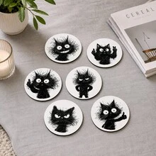 6pcs, Cat Pattern Printed Diatomaceous Earth Coasters, Absorbent Beverage Coasters, Coffee Cup Coasters, Mug Coasters, Tea Cup Coasters, Desk Protection Pads, Suitable For Dining Table, Coffee Table, Bar Counter And Office Desk Decoration - Multicolor - View 6