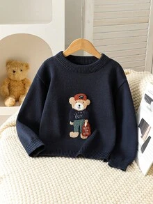 女童圓領熊刺繡長袖保暖內搭毛衣，秋冬款 - 藏蓝色 - 查看 1