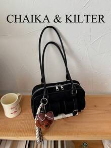 CHAIKA & KILTER 1件裝 素色麂皮布料女款時尚單肩包 多口袋大容量波士頓保齡球包 拉鍊開合 適合日常與外出使用（附吊飾） - 黑色 - 查看 5