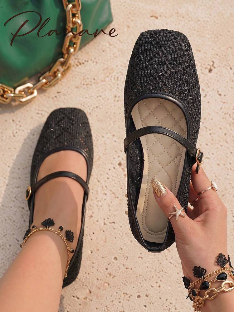 planare New Women's Popular Fashion Minimalist Elegant Solid Color Woven Breathable Mesh Design Slip-On Square Toe Adjustable Strap Buckle Comfortable Secure Flat Black Mary Jane Shoes Cute Shoes Comfortable Women's Shoes Lace Flat Shoes Apartment Women's Apartment Black Flat Shoes Mary Jane Shoes Mules Elegant Women's Shoes - Black - View 1