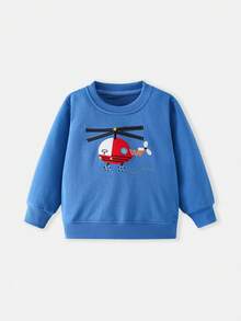 Boys' Round Neck Long Sleeve Sweatshirt With Helicopter Patch Embroidery, Loose Casual Pullover Sweatshirt For Toddlers And Young Children - Blue - View 2