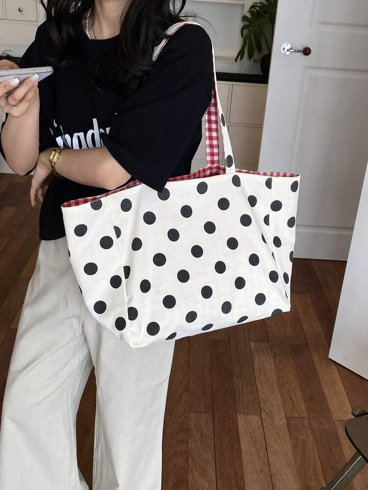 Fashion Polka Dot Tote Bag Black And White Dots Women's Large Bag - White - View 4