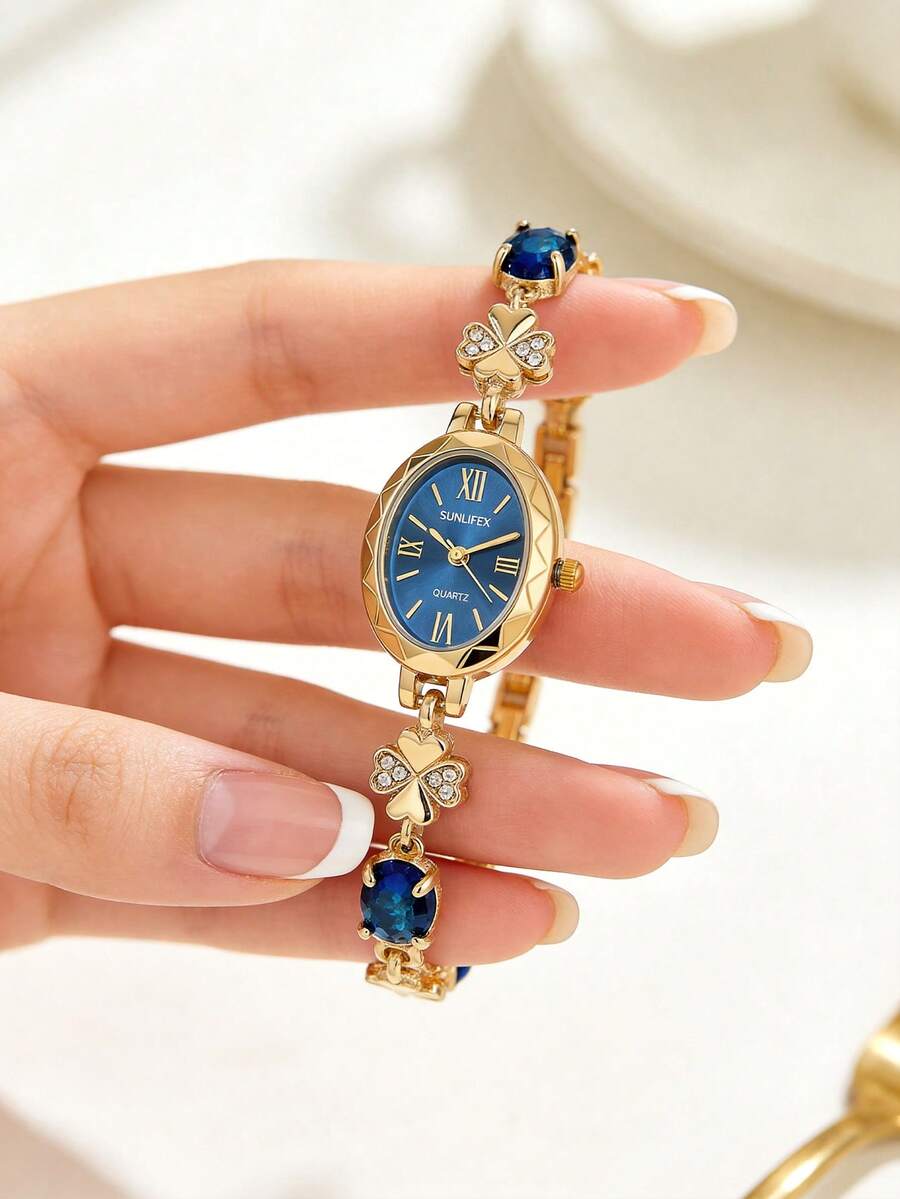 1 Pc Women's Jewelry Oval Dial Quartz Watch Gold Alloy Design Sense Watch Retro Temperament Light Luxury Gift Women's Watch - Blue - View 1