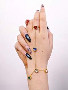 Gold Tone Stainless Steel Multicolor Flower Hand Chain Bracelet For Women, Finger Ring Bracelet, Holiday Party Jewelry Gift For Her - Gold - View 6