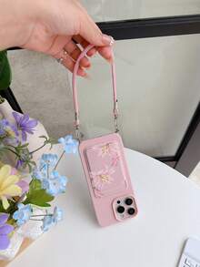 1pc Convenient Pink Leather Texture Cowhide Short Lanyard Phone Case, Easy Card Slot/Card Holder TPU Shockproof Protective Shell Compatible With Apple 11/12/13/14/15/16/17 Pro Max - Multicolor - View 5
