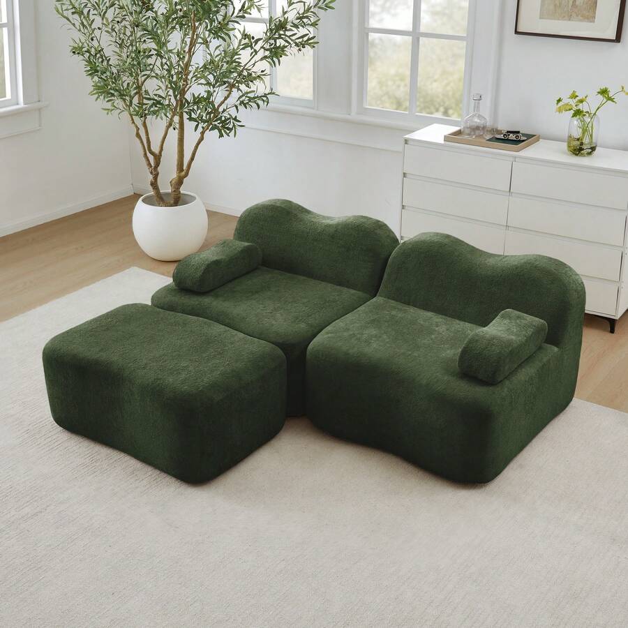 Sofá modular sin huesos en forma de L de 2 plazas con 1 otomana, forma de onda, cojín de reposabrazos móvil, para sala de estar & apartamento, sin montaje, verde - Verde - Ver 1