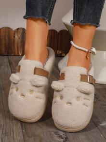 1 Pair Women Off White Cartoon Mule Slippers Buckle Decor Indoor Home Footwear - Beige - View 4