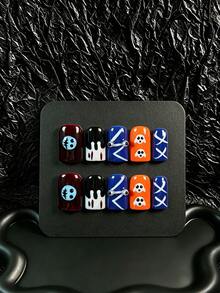 10pcs Handmade Press-On Nail Art Fake Nails, European Short Square Halloween Eve Colorblock Quirky Halloween Style, Multi-Color Base With Hand-Painted Stitch Doll Face, Dripping Blood Stains, 3D Moving Eyeballs, White Ghost And White Cross Lines, Fun Thriller Atmosphere, Suitable For Halloween Party, Holiday Outing, Daily Wear, Includes Full Set Of Nail Art Tools, Exclusive Gift For Girls - Multicolor - View 2