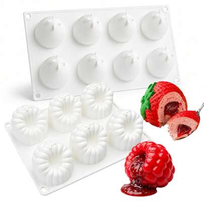 Realistic Raspberry & Strawberry Silicone Fruit Mold Set, Creative Shaped Cake Mold Baking Mold, Suitable For Ice Cream, Mousse Cake, Chocolate, Candy & Jelly, Non-Stick Dessert Decoration Baking Tray, Multi-Functional Mold Suitable For Handmade Soap, Resin & Clay Crafts, Perfect Choice For Christmas, Thanksgiving, Wedding, Anniversary, Valentine's Day Cake Making, Easy Release & Reusable