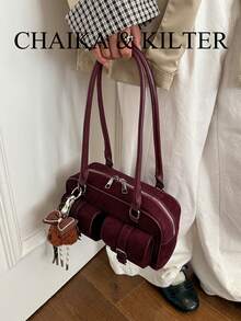 CHAIKA & KILTER 1件裝 素色麂皮布料女款時尚單肩包 多口袋大容量波士頓保齡球包 拉鍊開合 適合日常與外出使用（附吊飾） - 酒紅色 - 查看 7