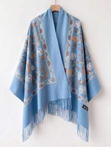1pc Women's Autumn/Winter Faux Cashmere Embroidered Scarf, Thick Warm Tassel Shawl Cape, Bohemian Style Travel Wrap - Sky Blue - View 1
