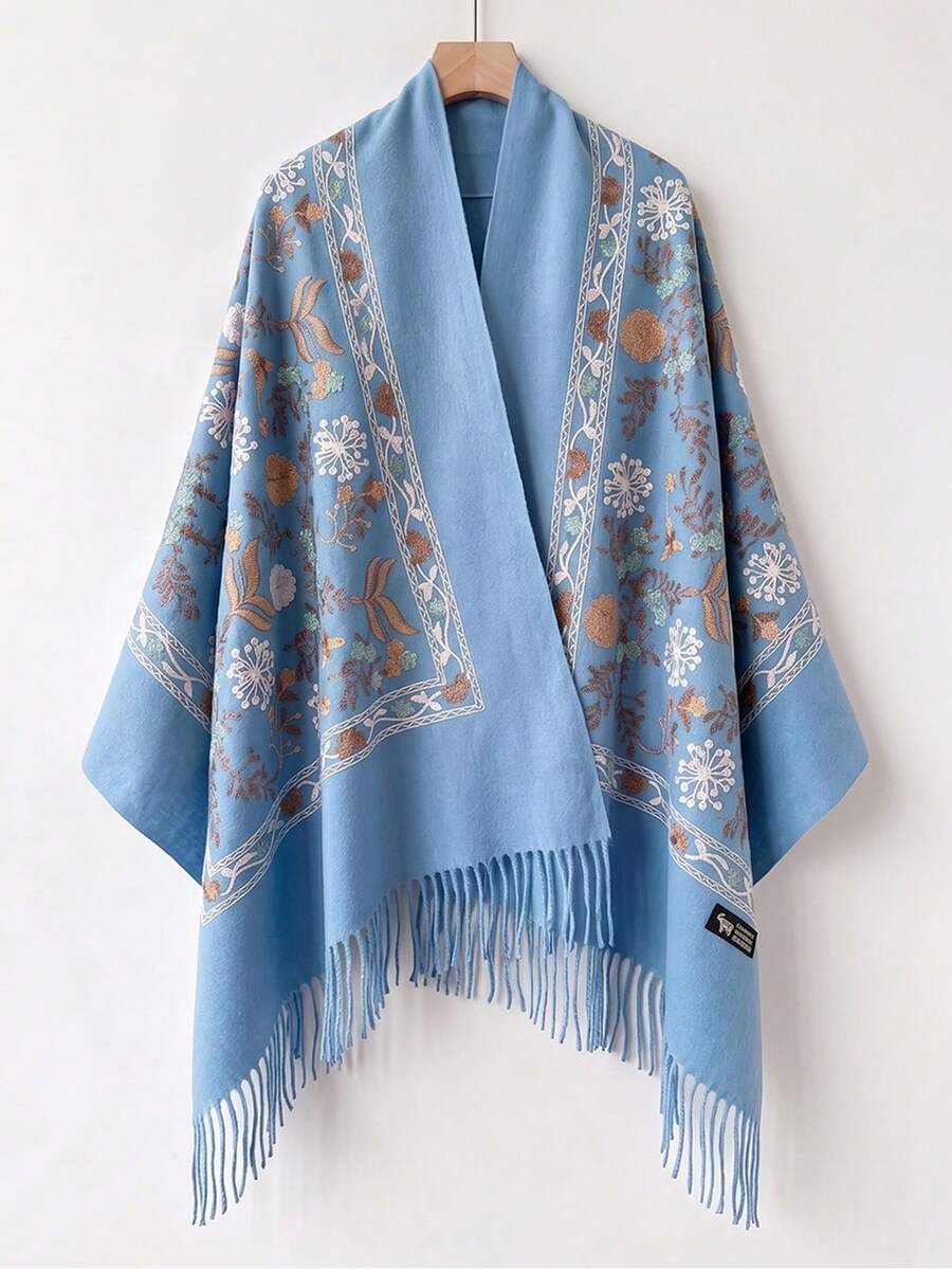 1pc Women's Autumn/Winter Faux Cashmere Embroidered Scarf, Thick Warm Tassel Shawl Cape, Bohemian Style Travel Wrap - Sky Blue - View 1