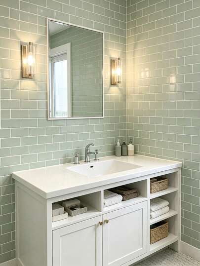 4/20pcs (Thickened Design) Mint Green Brick Pattern Self-Adhesive Tile Stickers, Removable Waterproof Wall Decals, Suitable For Kitchen, Bathroom, Living Room Decoration, Spring Decor, Alpaca Decorative Stickers Gift, Birthday And Graduation Gift