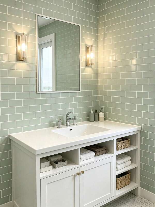 4/20pcs (Thickened Design) Mint Green Brick Pattern Self-Adhesive Tile Stickers, Removable Waterproof Wall Decals, Suitable For Kitchen, Bathroom, Living Room Decoration, Spring Decor, Alpaca Decorative Stickers Gift, Birthday And Graduation Gift