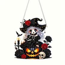 1 Set 2D/Flat Acrylic Pendant Diamond Painting Tool Kit - DIY Halloween Little Girl Wearing Hat And Glowing Pumpkin Skull Design, Special Shaped Diamond Inlaid Hanging Handmade Packaging, Holiday Party Decoration Gift, Suitable For Home, Garden Wall Or Door, Holiday Wall Art | Halloween Decoration | Intricate Design, Halloween Decor - A - View 1