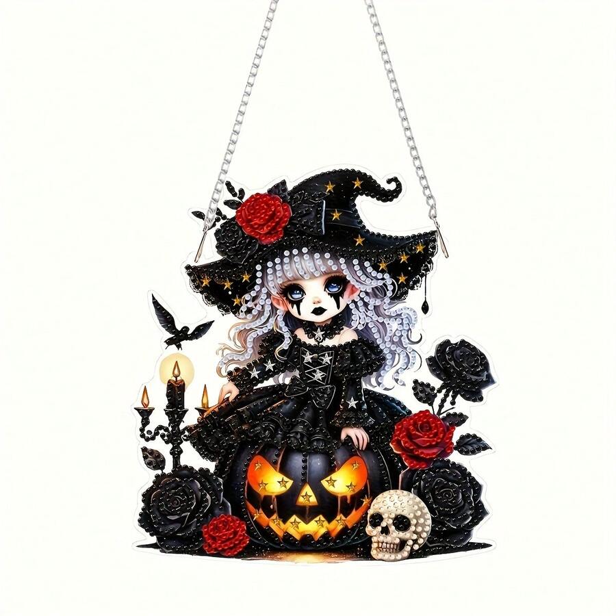 1 Set 2D/Flat Acrylic Pendant Diamond Painting Tool Kit - DIY Halloween Little Girl Wearing Hat And Glowing Pumpkin Skull Design, Special Shaped Diamond Inlaid Hanging Handmade Packaging, Holiday Party Decoration Gift, Suitable For Home, Garden Wall Or Door, Holiday Wall Art | Halloween Decoration | Intricate Design, Halloween Decor - A - View 1