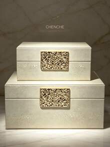 2 piezas Caja de joyería de gran capacidad con patrón de raya de cuero PU, con placa metálica rectangular dorada en relieve, organizador de almacenamiento de accesorios de lujo rectangular color blanco crema, decoración de tocador y dormitorio, regalo - Beis - Ver 12