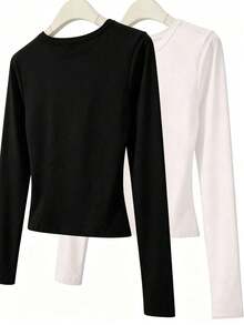 Women's Solid Color Round Neck Casual Daily Long Sleeve T-Shirt - Black and White - View 6