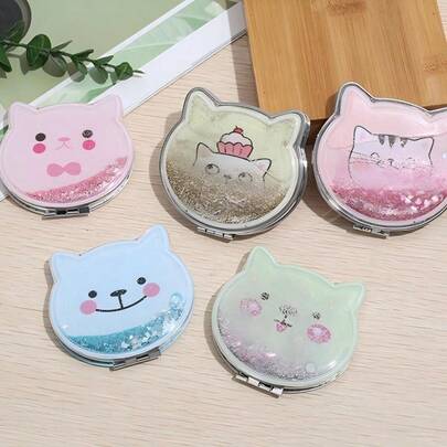 Gương trang điểm bỏ túi gấp hai mặt hình mèo dễ thương với cát chảy kim tuyến, gương cầm tay mini cho túi xách, du lịch, hẹn hò, dặm phấn hàng ngày, quà tặng sinh nhật, quà ngọt ngào cho thiếu nữ và phụ nữ