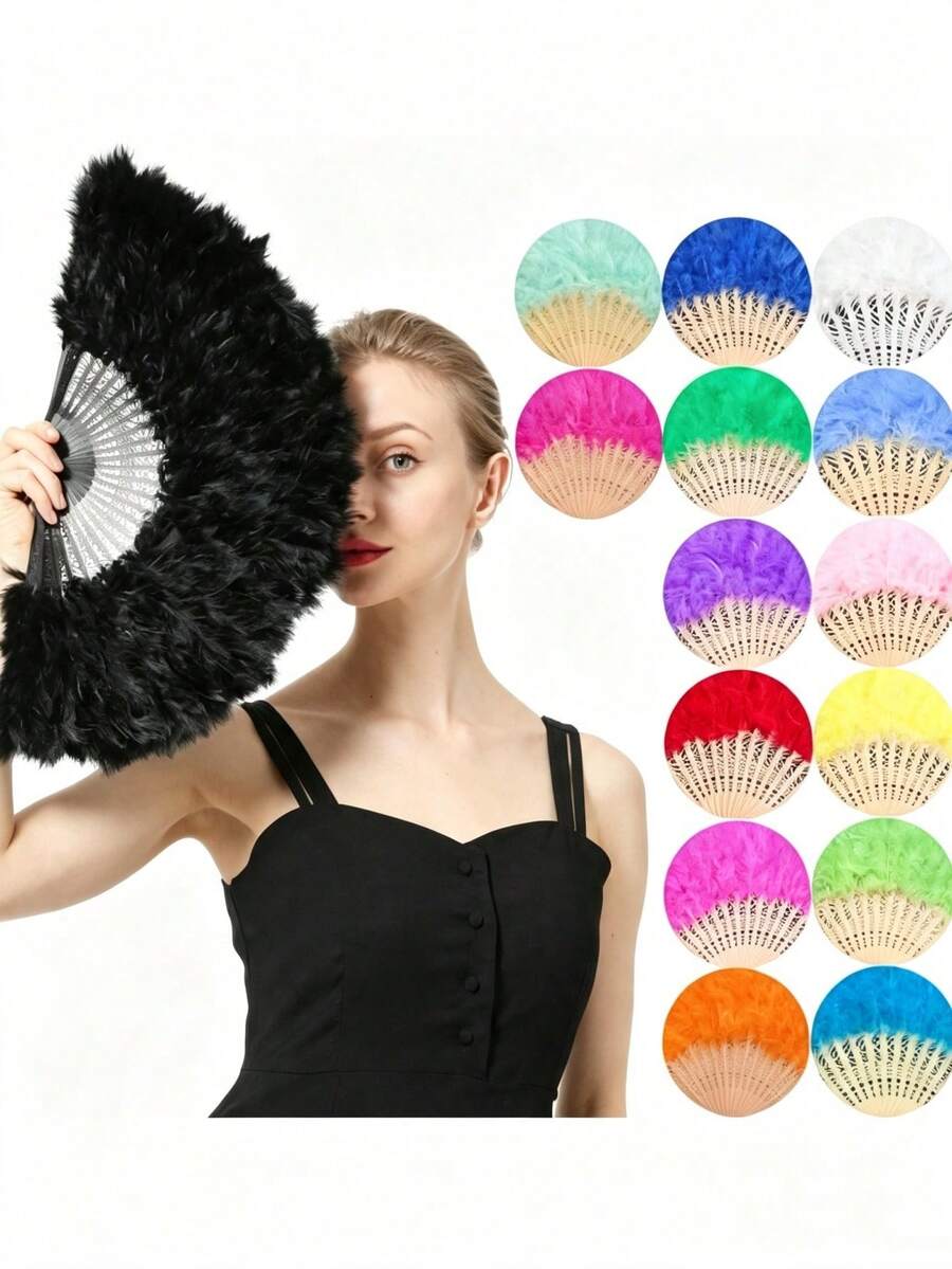 1pc Feather Folding Fan Handheld Fan, For Bachelorette Party, Wedding Party Decor, Bridal Shower, Bride Gift, Photo Prop - 25 Pieces Of ZG - View 1
