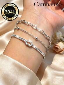 Camhanno 3pcs Minimalist Concentric Knot Stainless Steel 18K Gold Plated Fashion Layered Bracelet Set - Gold - View 3