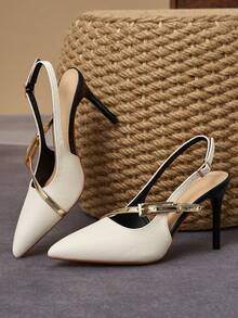 Minimalist Colorblock Gold Decor Double Buckle Pointed Toe Multi-Adjustable Strap Stiletto High Heel Sandals, Front And Back Metal Buckles Fit Wide And Narrow Feet, Suitable For All-Season Commute, Urban Street Style, Light Formal Party Outfits - Beige - View 6
