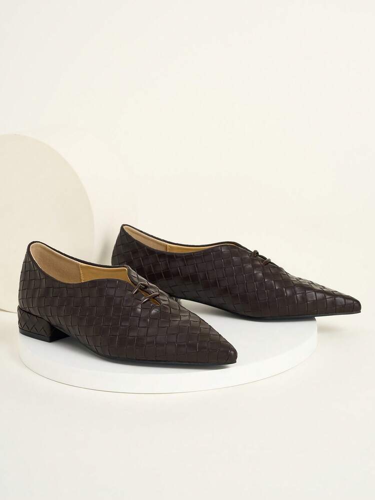 Pointed Toe Slip-On Elegant Commuter Shoes, Woven Retro Solid Color Fashion Hollow Out Women's Outdoor All-Season Shoes - Mocha Brown - View 4
