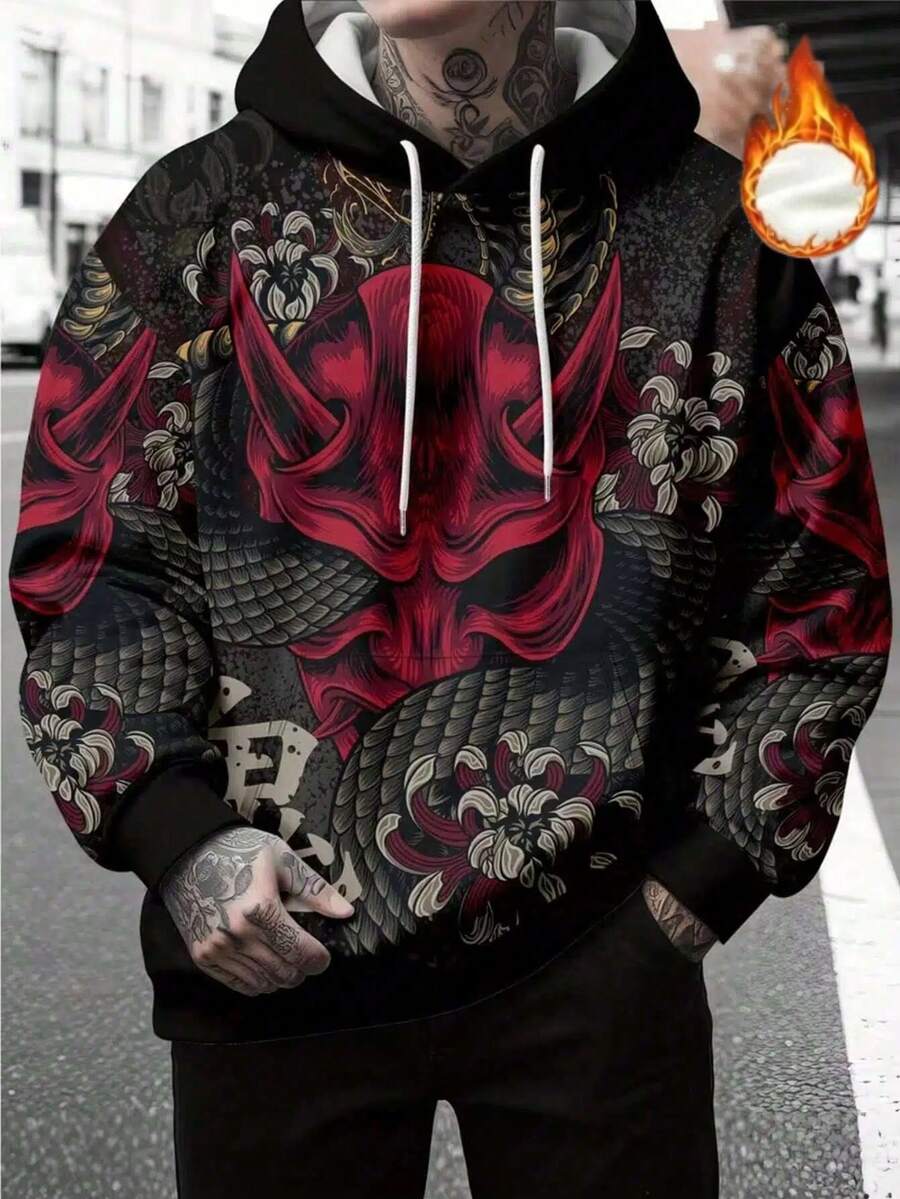 男士般若鬼面紅黑龍圖案街頭風運動連帽衛衣 - 彩色 - 查看 1