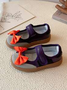 Girls' Colorblock Bow Mary Jane Shoes, Soft Sole, Non-Slip, Breathable, Hook And Loop, Casual Princess Sports Sneakers, Training Shoes - Purple - View 2