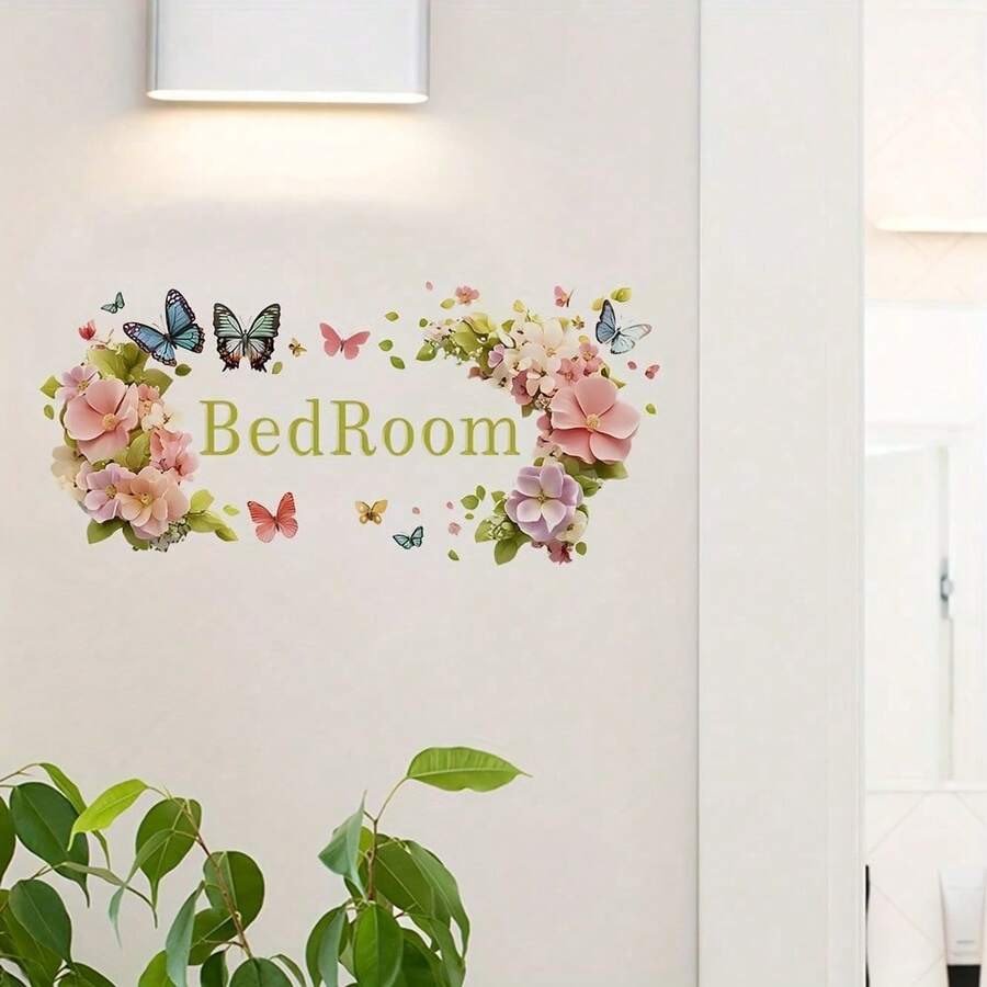 1PC Floral Butterfly Bedroom English Wall Sticker, Self-Adhesive Warm Decorative Decal For Bedroom Door - Multicolor - View 1