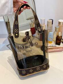 Women's Vintage Luxury Floral Patchwork Transparent Jelly Bucket Handbag, Waterproof Makeup Tool Storage Toiletry Bag, With Gold Hardware Rivets, Can Hold Cosmetics, Phone, Powder, Lipstick, Keys And Other Small Personal Items, Suitable For Shopping, Travel, Vacation, Beach - Coffee - View 7