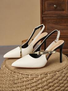 Minimalist Colorblock Gold Decor Double Buckle Pointed Toe Multi-Adjustable Strap Stiletto High Heel Sandals, Front And Back Metal Buckles Fit Wide And Narrow Feet, Suitable For All-Season Commute, Urban Street Style, Light Formal Party Outfits - Beige - View 2