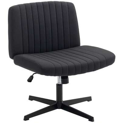 HOMCOM Armless Office Chair No Wheels, Linen Fabric Criss Legged Desk Chair With Wide, Thick Padding, Tilt Function, Height Adjustable Swivel Computer Home, Black