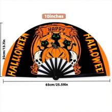 Halloween Themed Handheld Folding Fan, Black Plastic Ribs, Printed With Pumpkin Lantern/Skull/Green-Eyed Black Cat And "HAPPY MEOW-O-WEEN" Pattern, Holiday Accessory, Suitable For Daily Cooling And Holiday Theme Party Use - Multicolor - View 7