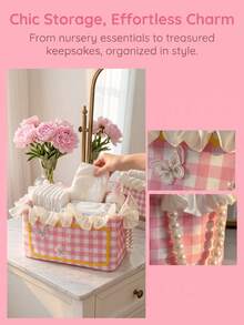 1pc Rectangular Baby Room Storage Basket, Lattice Lace Decor, Used For Storing Baby Bottles, Diapers And Wet Wipes Storage Box - Multicolor - View 4