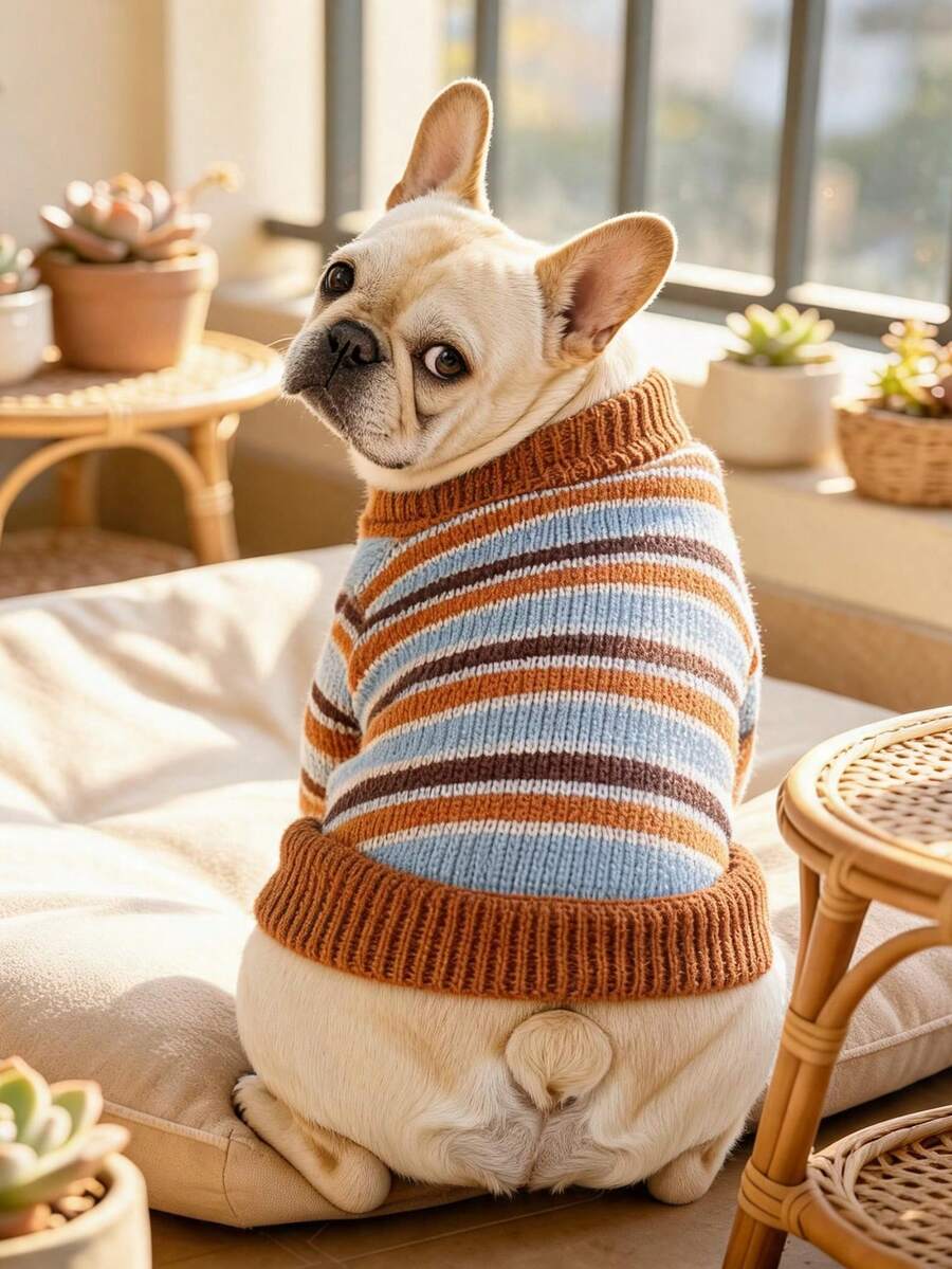PETCIRCLE 1件裝寵物衣服 小狗幼犬貓用 可愛簡約百搭輕量透氣防風保暖焦糖海鹽色毛衣 - 彩色 - 查看 1