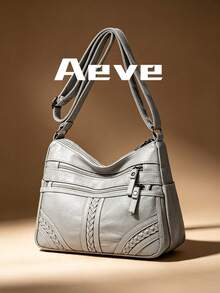 Women's Solid Color Gray Crossbody Bag, Multi-Layer Zipper Pockets Vintage Elegant Crossbody Bag, PU Leather Material, Artificial Leather, Braided Decor, Outdoor Shopping Mom Bag, Lightweight Portable Small Bag For Phone And Coins, Soft Square Bag, Suitable For Shopping, Gatherings, Business Use - Light Grey - View 4