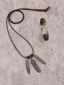 1 Set Of Turquoise Jewelry: Personalized Carved Multiple Layers Black Leather Bracelet For Men, Eagle Claw Turquoise Feather Pendant, Zinc Alloy Brown Rope Long Chain Necklace, Couple Matching Set - Turquoise - View 3