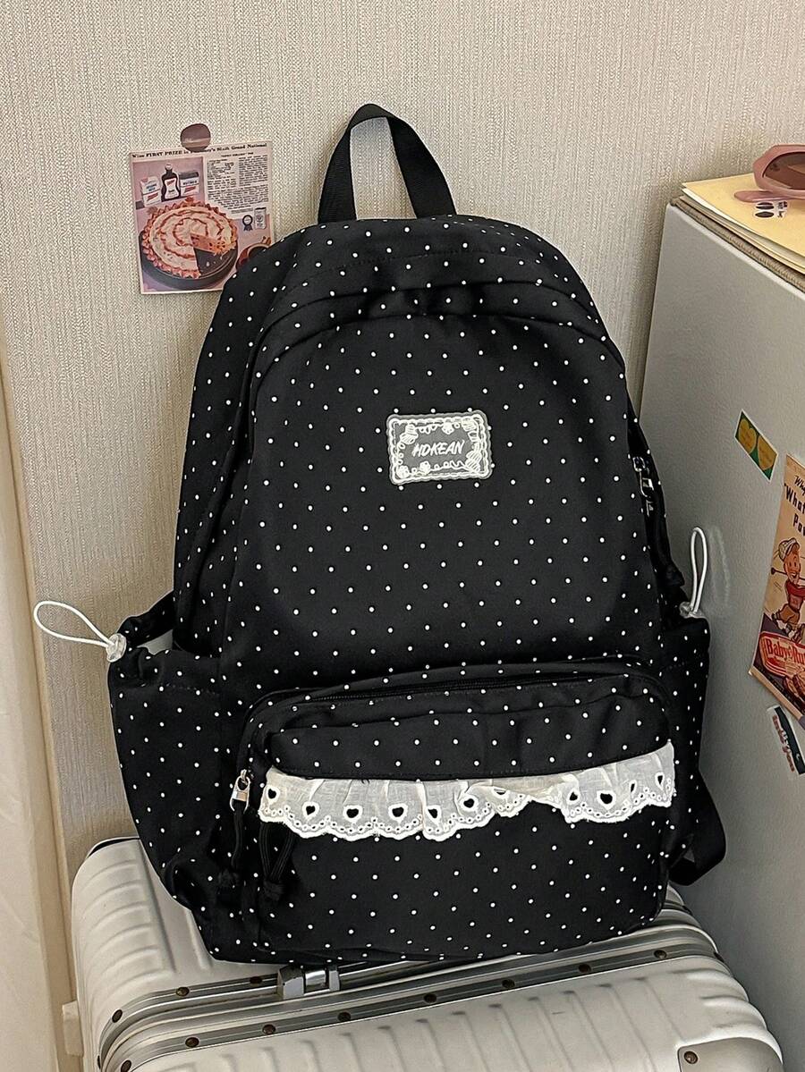 Minimalist Large Capacity Polka Dot Backpack With Multiple Pockets And Lace, School Bag For Travel, Outings, Shopping, Vacation, Fit Laptop, Clothes - Black - View 1