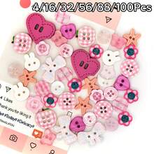 4/16/32/56/88/100Pcs Pink Mixed Resin Buttons, Heart Rabbit Flower Plaid Irregular Shaped Buttons, DIY Cream Glue Hair Clips Phone Case Handmade Decoration Accessories, Random Styles - Multicolor - View 1