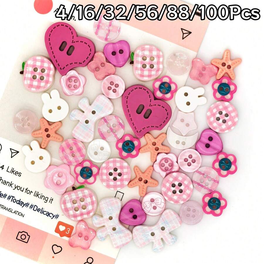 4/16/32/56/88/100Pcs Pink Mixed Resin Buttons, Heart Rabbit Flower Plaid Irregular Shaped Buttons, DIY Cream Glue Hair Clips Phone Case Handmade Decoration Accessories, Random Styles - Multicolor - View 1